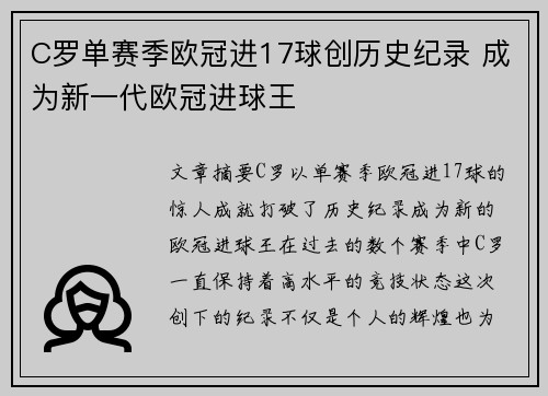 C罗单赛季欧冠进17球创历史纪录 成为新一代欧冠进球王