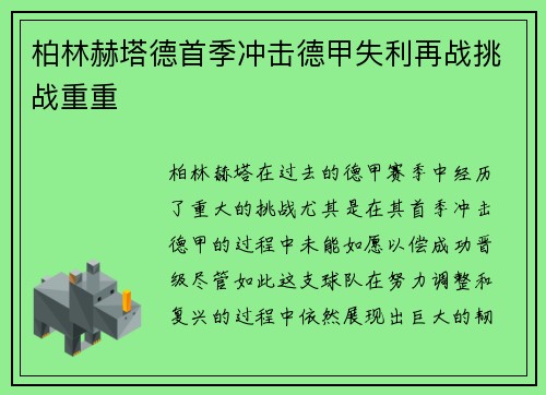 柏林赫塔德首季冲击德甲失利再战挑战重重 柏林赫塔德首季冲击德甲失利再战挑战重重