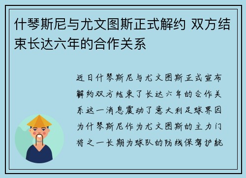 什琴斯尼与尤文图斯正式解约 双方结束长达六年的合作关系 什琴斯尼与尤文图斯正式解约 双方结束长达六年的合作关系
